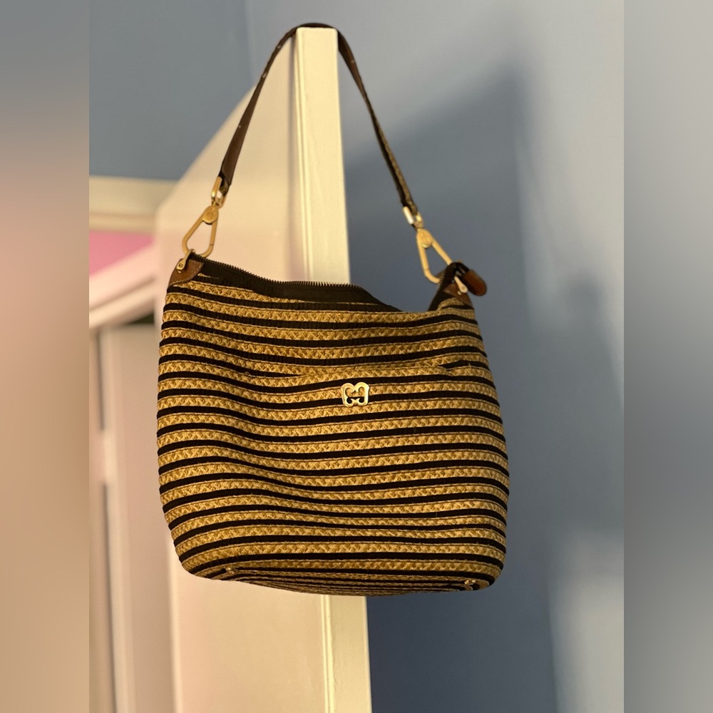 Eric Javits Brown Tan Woven and Strip Bag